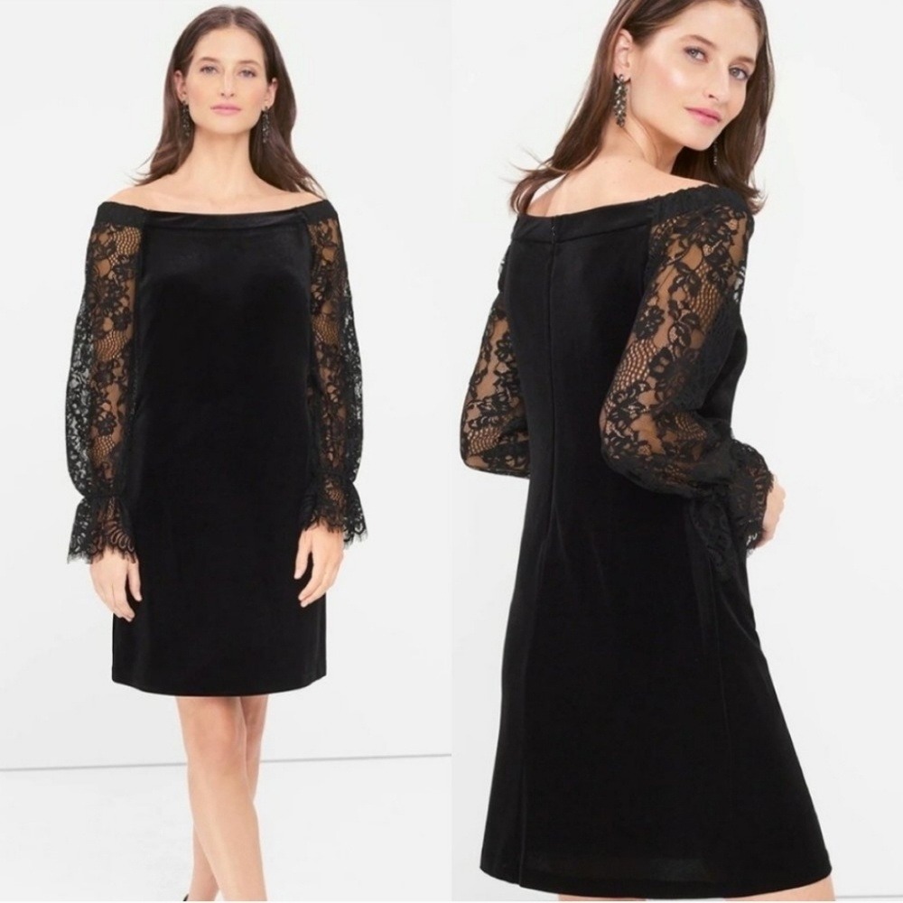 WHBM Black Velvet Lace Sleeve Off Shoulder‎ mini Dress 12 Gothic LBD whimsigoth